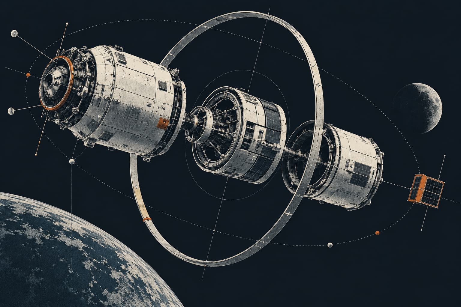 An exploded orbital machine with interconnected modules, engraved in paper white against deep blue.