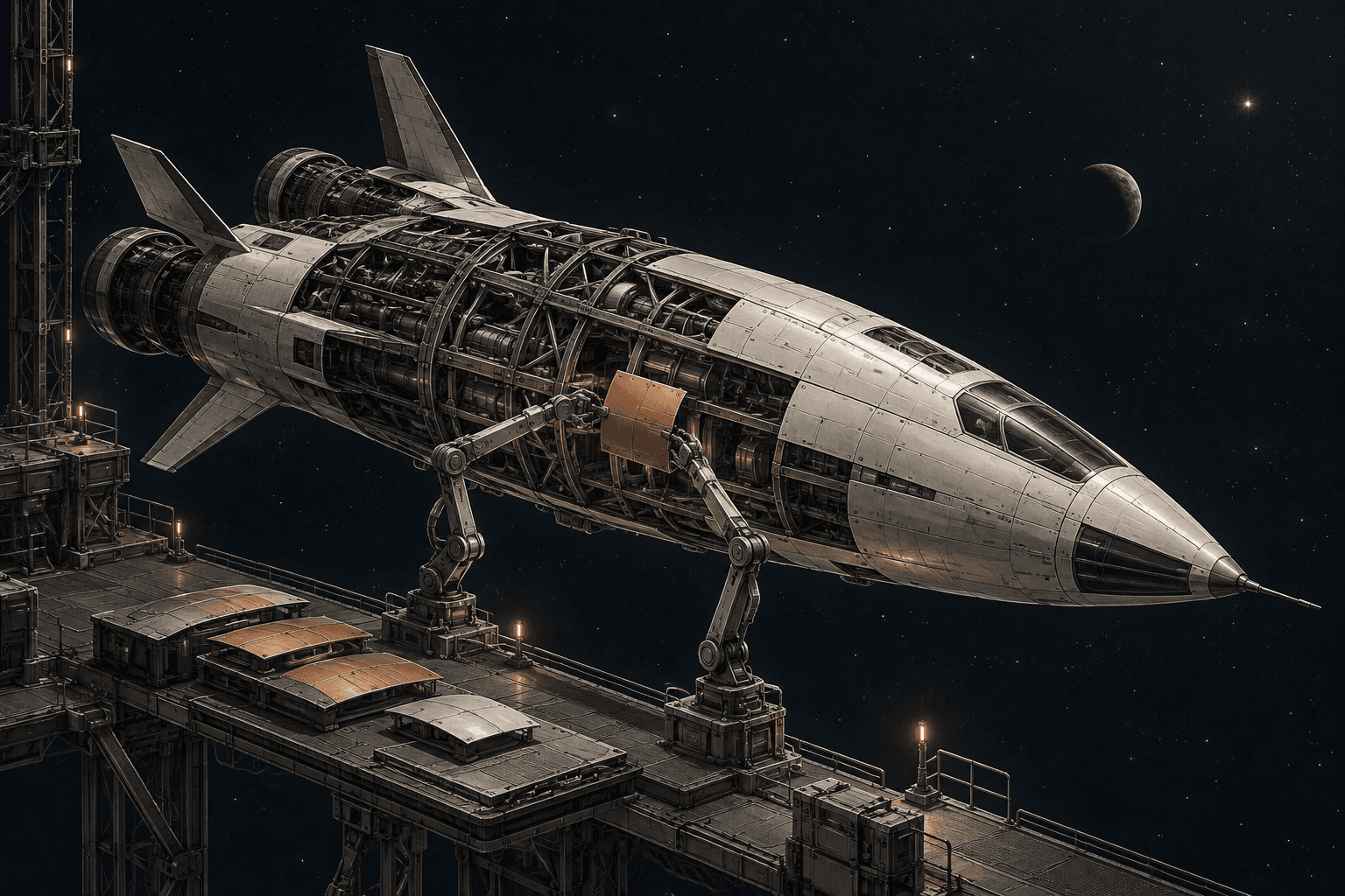 Robotic arms fit a hull panel onto a partially built spaceship, revealing the framework beneath its finished sections.