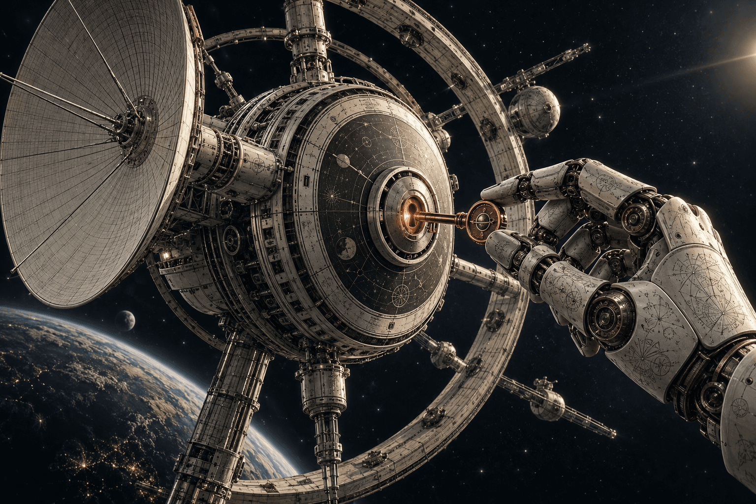 A robotic hand places an orange ownership key into an intricately engraved orbital station.